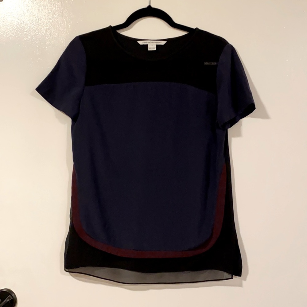 DVF Silk Color Block Blouse with Mesh Front Detail